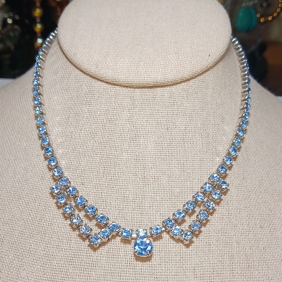 Vintage Choker Light Blue Rhinestone Statement Necklace Fish Hook 14" inch - Picture 1 of 3